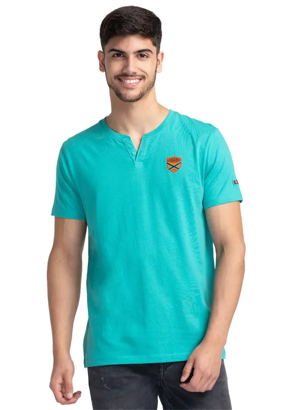 Being Human Clothing Men Regular Fit Henley Neck T-Shirts-Pool Green