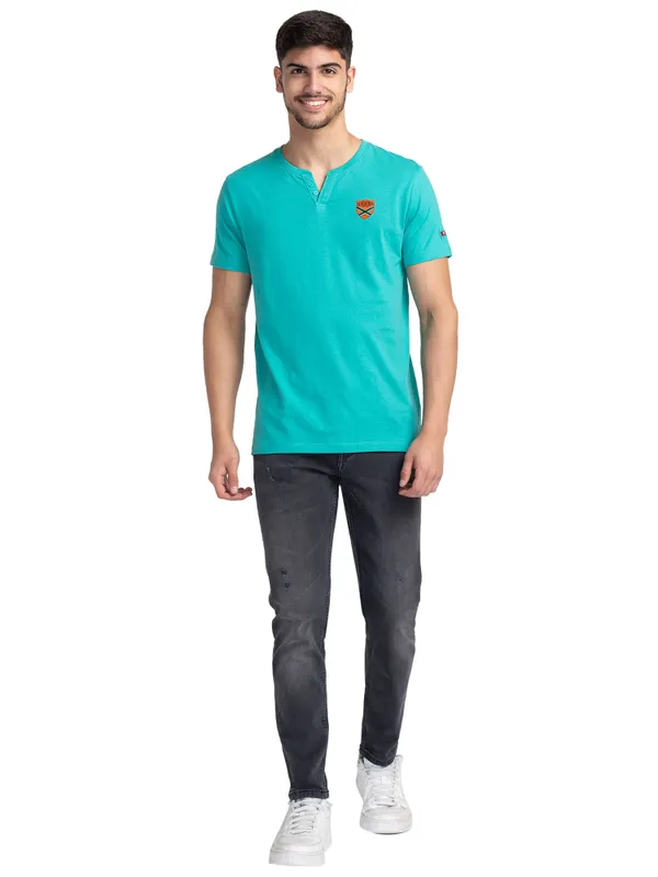 Being Human Clothing Men Regular Fit Henley Neck T-Shirts-Pool Green