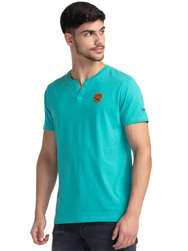 Being Human Clothing Men Regular Fit Henley Neck T-Shirts-Pool Green