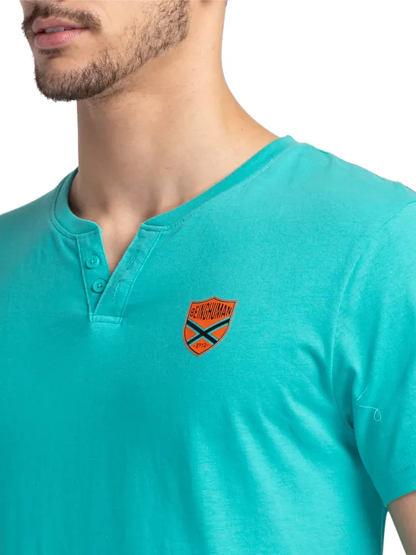 Being Human Clothing Men Regular Fit Henley Neck T-Shirts-Pool Green