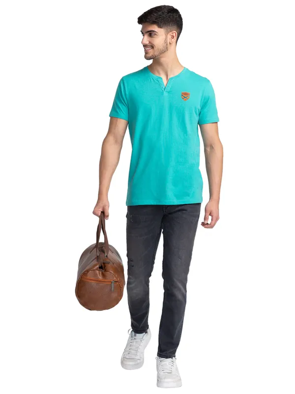 Being Human Clothing Men Regular Fit Henley Neck T-Shirts-Pool Green