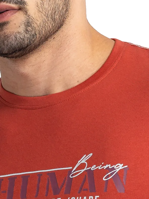 Being Human Regular Fit Men Crew Neck T-Shirts-Red Ochre