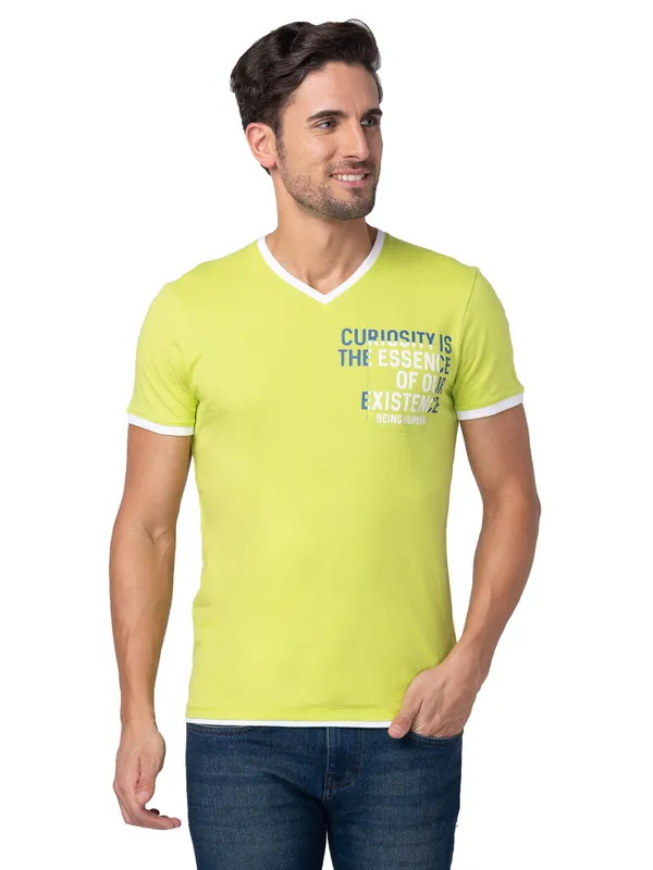 Being Human Regular Fit Men V-Neck T-Shirts-Lime Punch