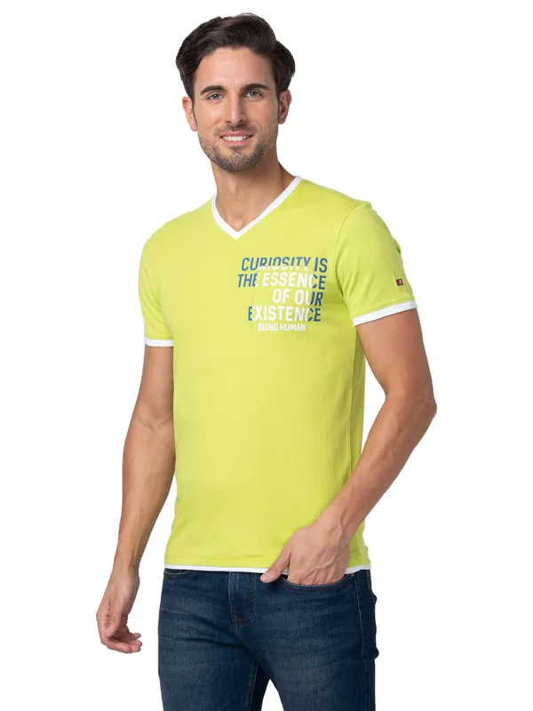 Being Human Regular Fit Men V-Neck T-Shirts-Lime Punch