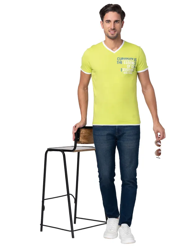 Being Human Regular Fit Men V-Neck T-Shirts-Lime Punch