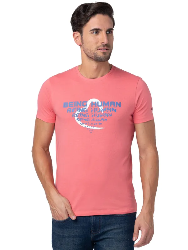 Being Human Regular Fit Men Crew Neck T-Shirts-Coral