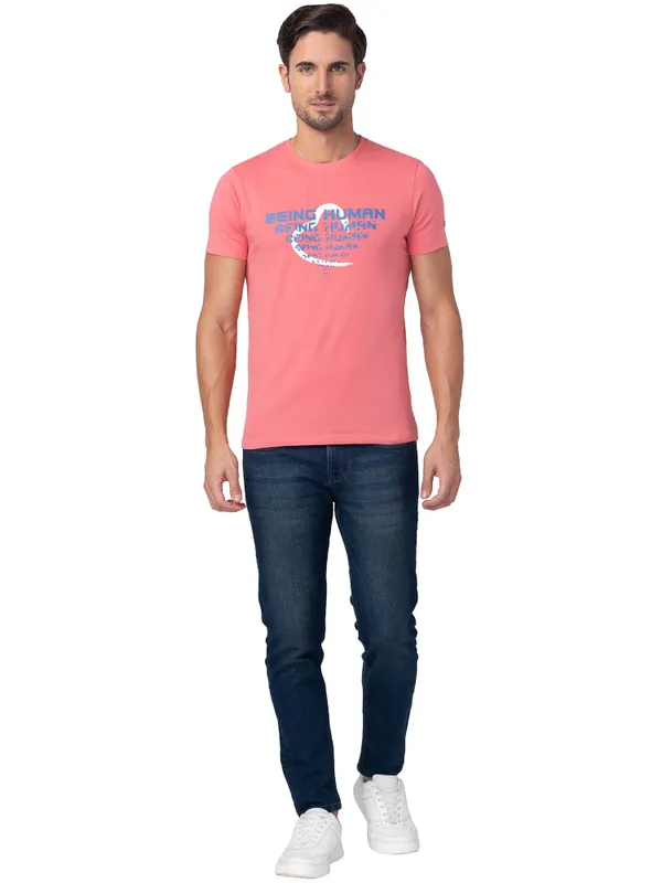 Being Human Regular Fit Men Crew Neck T-Shirts-Coral