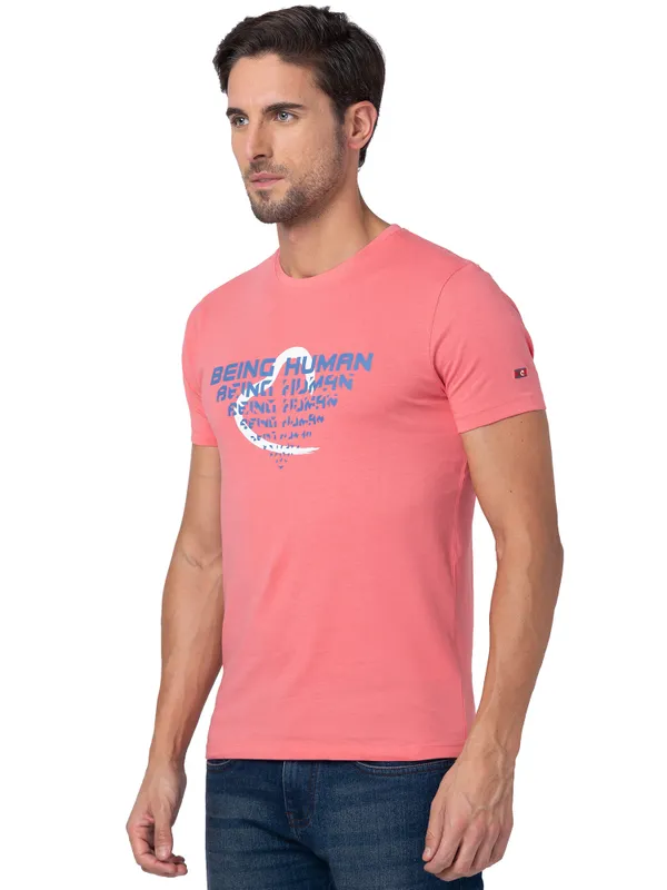 Being Human Regular Fit Men Crew Neck T-Shirts-Coral