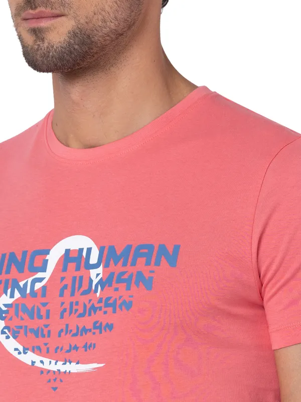 Being Human Regular Fit Men Crew Neck T-Shirts-Coral