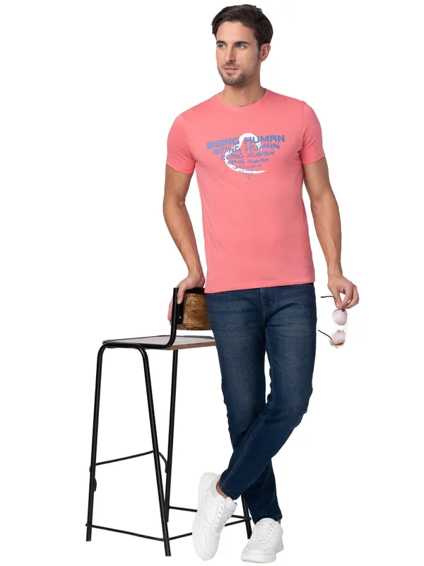 Being Human Regular Fit Men Crew Neck T-Shirts-Coral