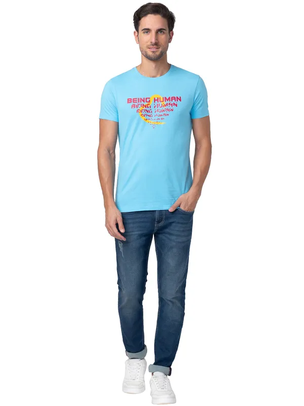 Being Human Regular Fit Men Crew Neck T-Shirts-Splash Blue