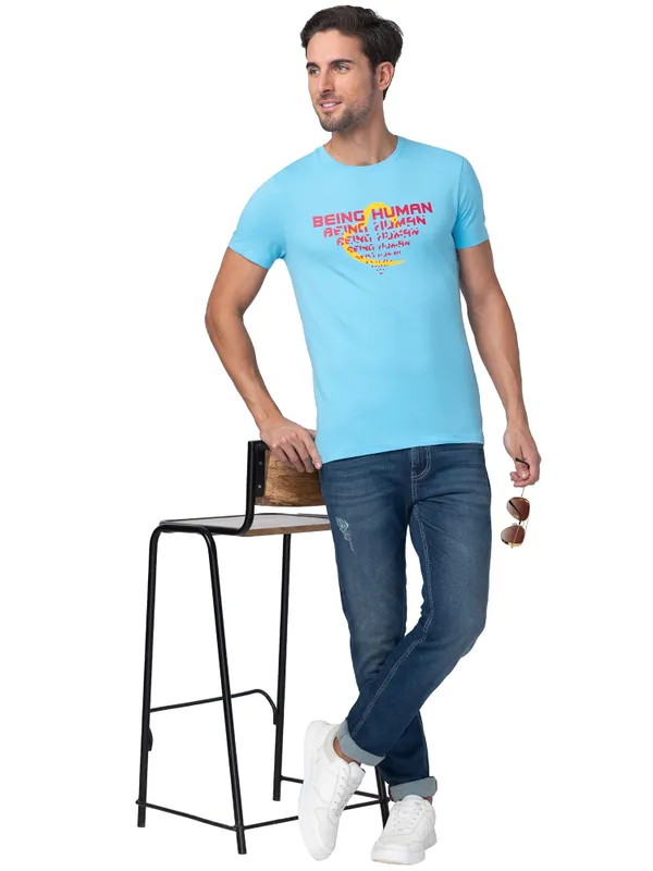 Being Human Regular Fit Men Crew Neck T-Shirts-Splash Blue