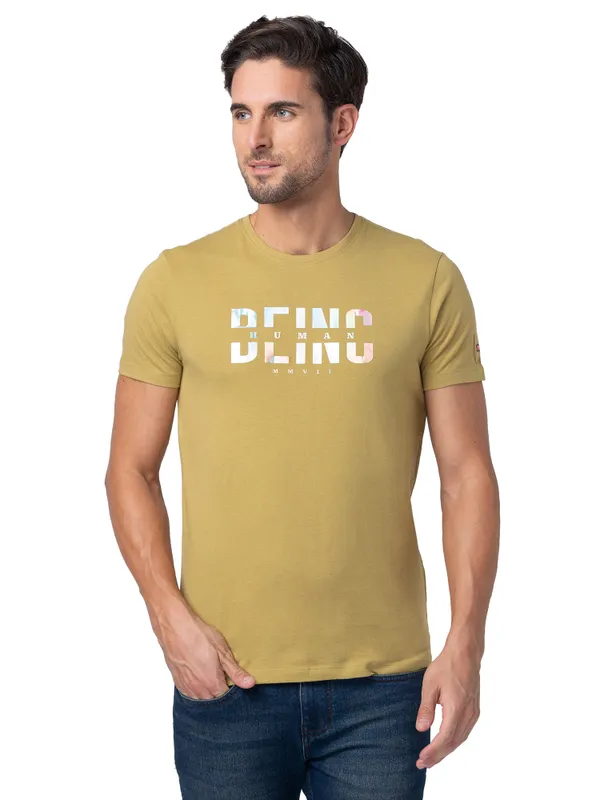 Being Human Regular Fit Men Crew Neck T-Shirts-Khaki