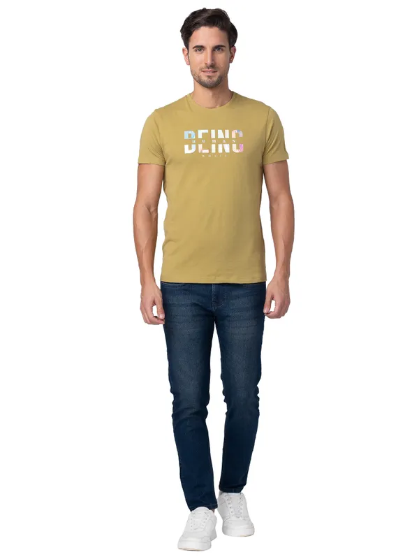Being Human Regular Fit Men Crew Neck T-Shirts-Khaki
