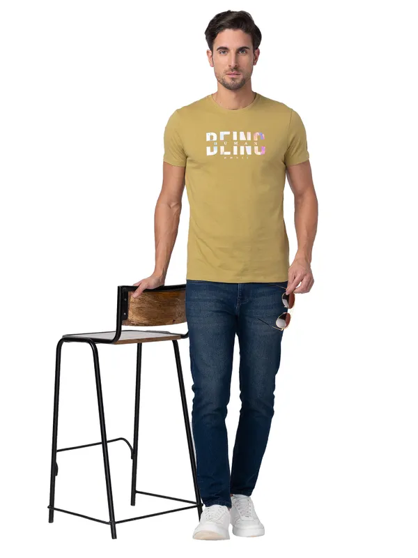 Being Human Regular Fit Men Crew Neck T-Shirts-Khaki