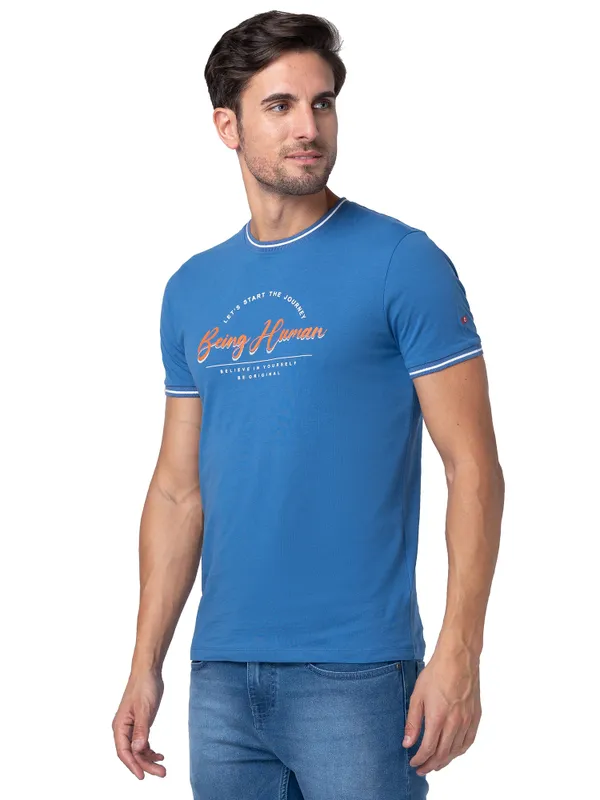 Being Human Regular Fit Men Crew Neck T-Shirts-Federal Blue