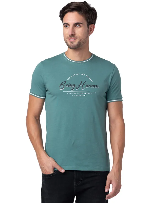 Being Human Regular Fit Men Crew Neck T-Shirts-Foliage Green