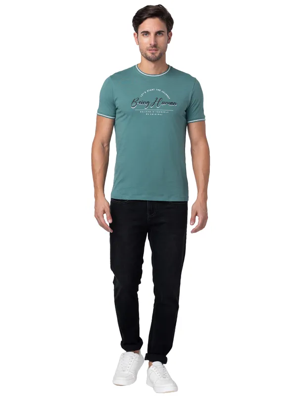 Being Human Regular Fit Men Crew Neck T-Shirts-Foliage Green