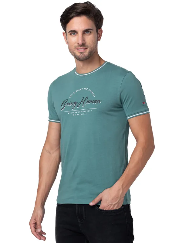 Being Human Regular Fit Men Crew Neck T-Shirts-Foliage Green