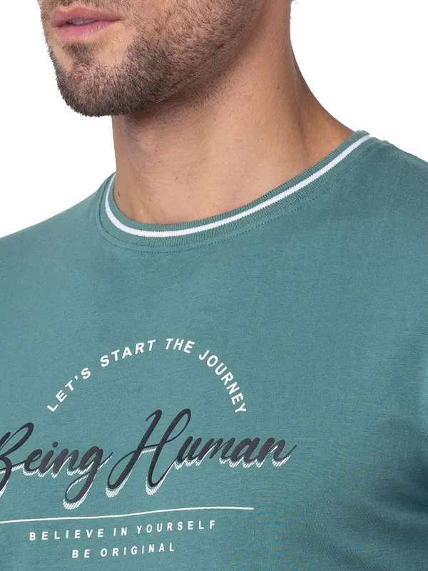 Being Human Regular Fit Men Crew Neck T-Shirts-Foliage Green