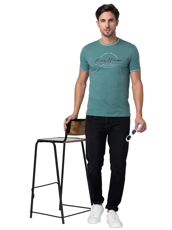 Being Human Regular Fit Men Crew Neck T-Shirts-Foliage Green