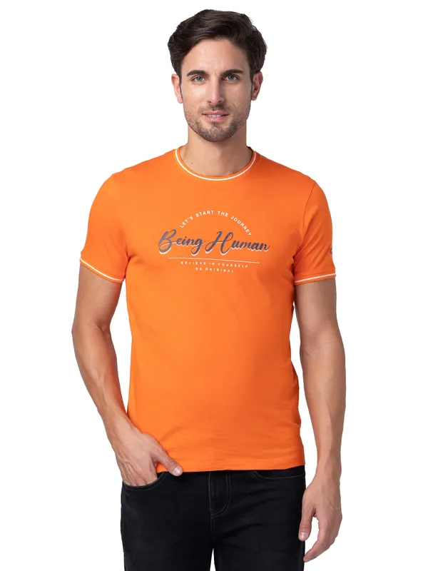 Being Human Regular Fit Men Crew Neck T-Shirts-Red Orange