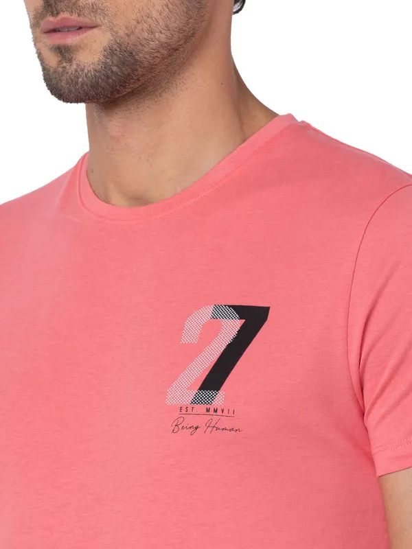 Being Human Regular Fit Men Crew Neck T-Shirts-Coral