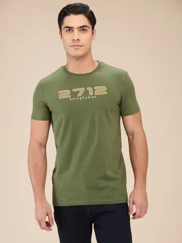 Being Human Mens-Top Crew Neck Dk.Olive