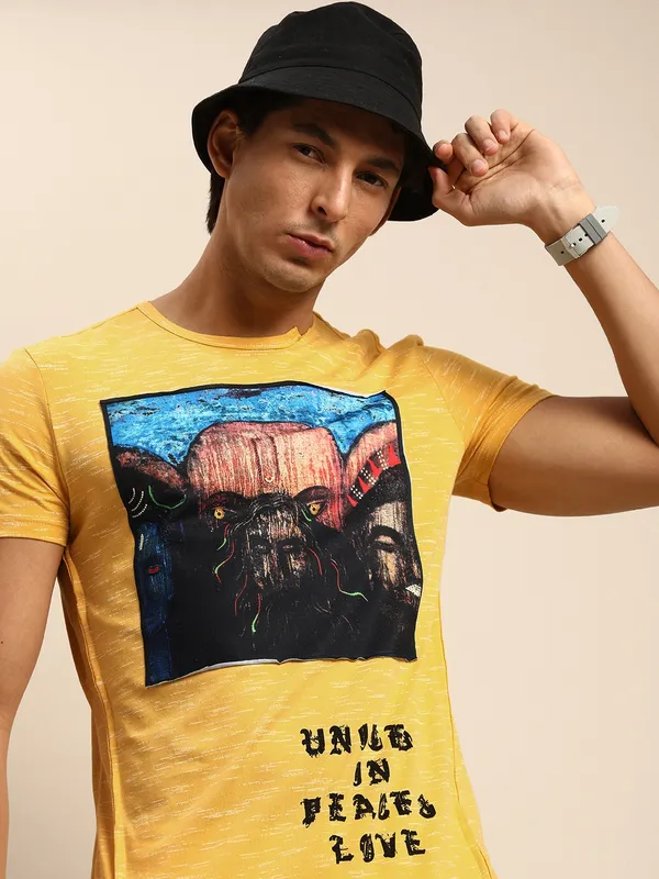 Being Human Slim Fit Men Crew Neck T-Shirts-Yellow