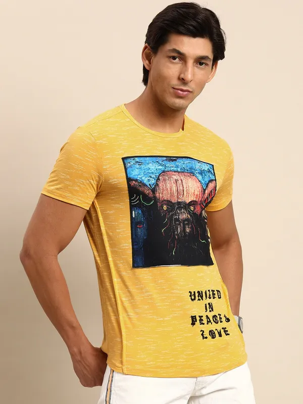 Being Human Slim Fit Men Crew Neck T-Shirts-Yellow