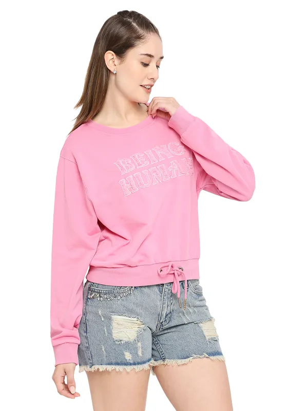 Being Human Clothing CropWomen  Boxy Fit Crew Neck Sweatshirt-Pink