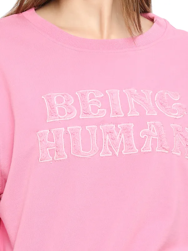 Being Human Clothing CropWomen  Boxy Fit Crew Neck Sweatshirt-Pink