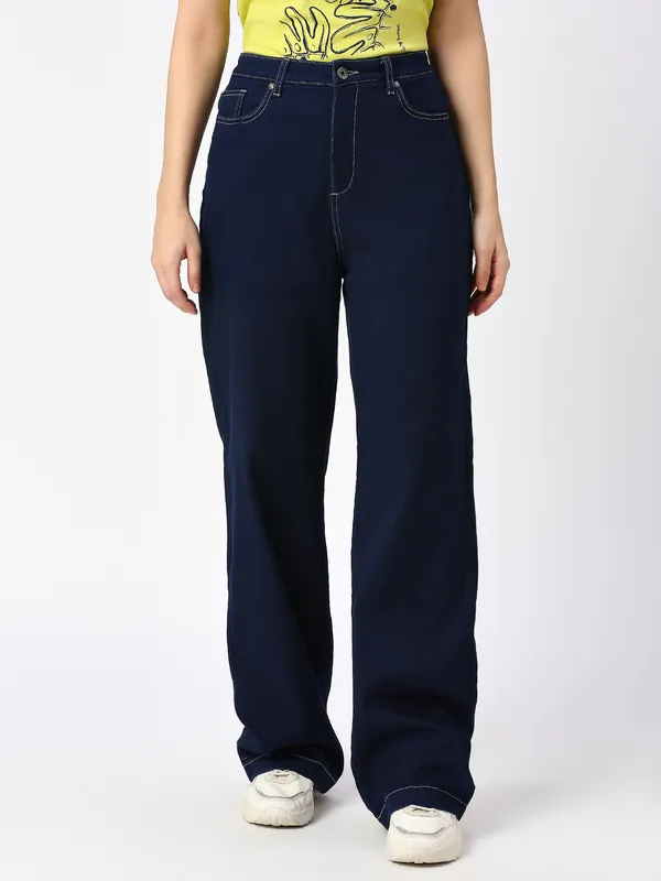 Being Human Clothing Women Wide Flare Leg High Rise Fit Denim-Raw Indigo