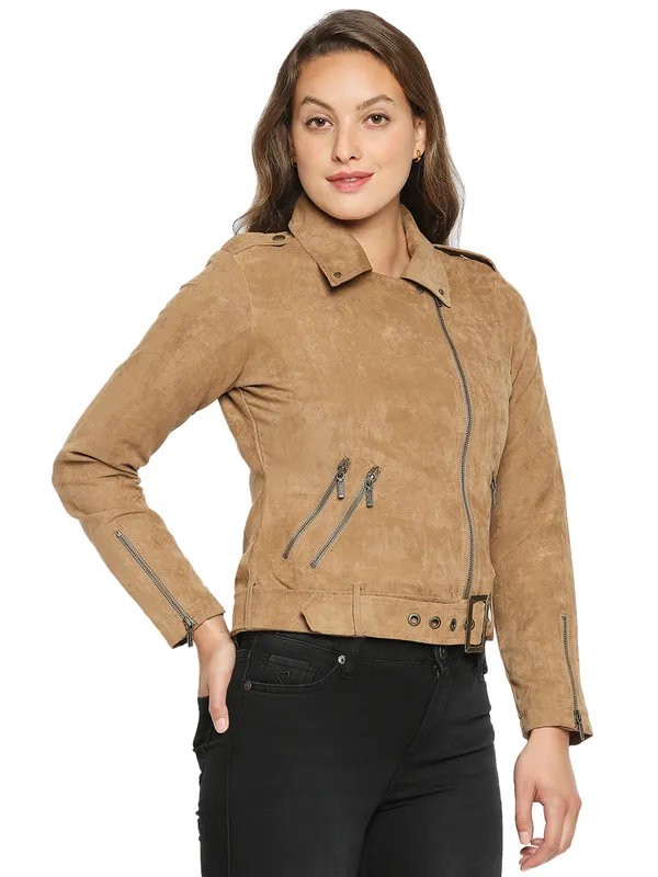 Being Human Clothing Women Regular Fit Collared Jackets-Camel