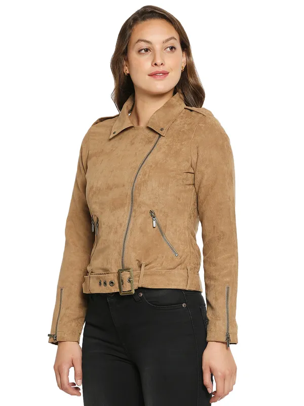 Being Human Clothing Women Regular Fit Collared Jackets-Camel