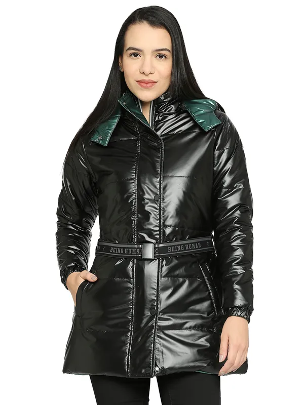 Being Human Clothing Women Reversible Regular Puffer Fit Collared Jackets-Black / Metal Green