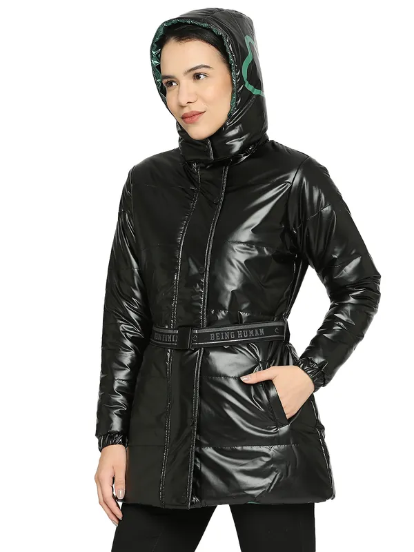 Being Human Clothing Women Reversible Regular Puffer Fit Collared Jackets-Black / Metal Green