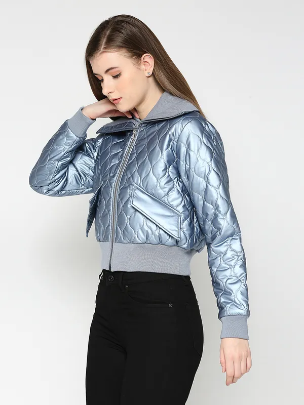Being Human Semi Fit Crop Bomber Women Collared Jackets-Steel Blue