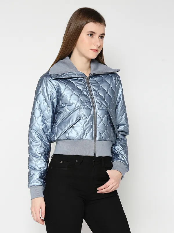 Being Human Semi Fit Crop Bomber Women Collared Jackets-Steel Blue