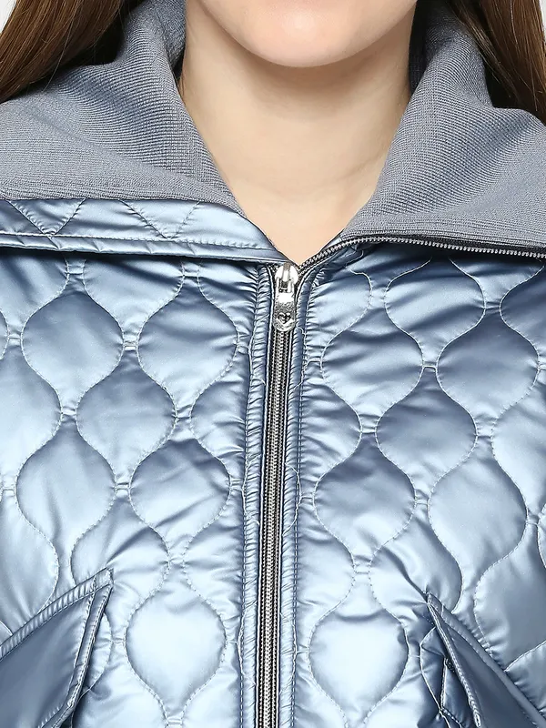 Being Human Semi Fit Crop Bomber Women Collared Jackets-Steel Blue