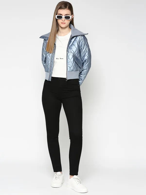 Being Human Semi Fit Crop Bomber Women Collared Jackets-Steel Blue