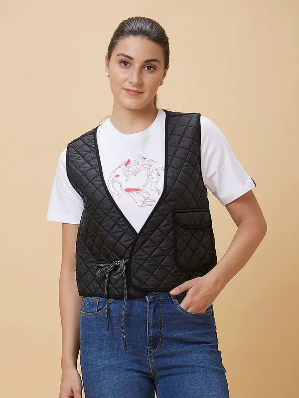 Being Human Women Waist Coat Fit V Neck Jackets Black & White