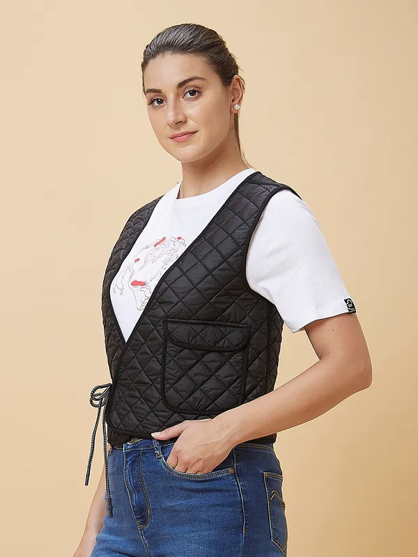Being Human Women Waist Coat Fit V Neck Jackets Black & White