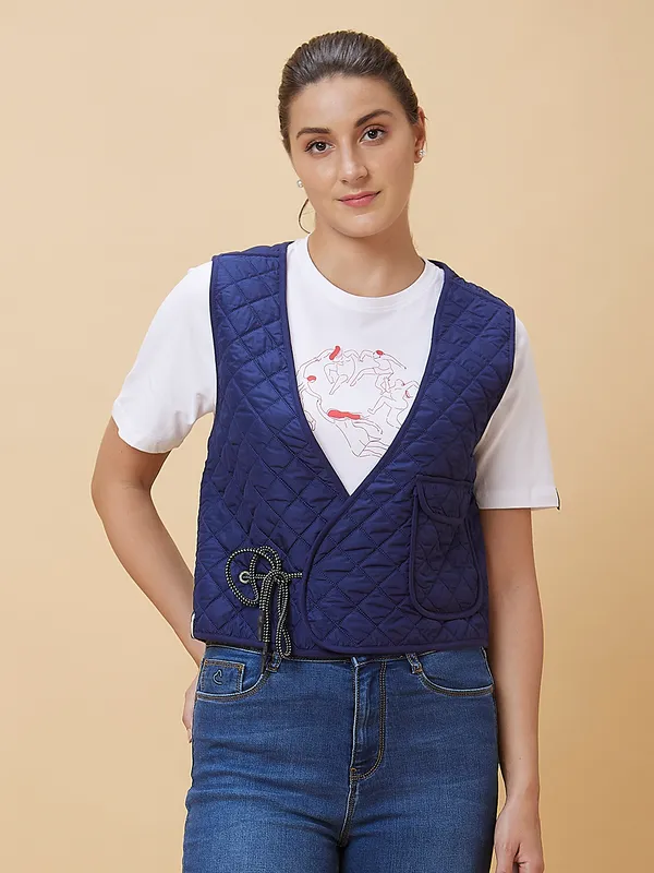 Being Human Women Waist Coat Fit V Neck Jackets Cobalt & Black