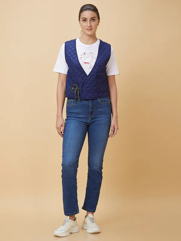 Being Human Women Waist Coat Fit V Neck Jackets Cobalt & Black