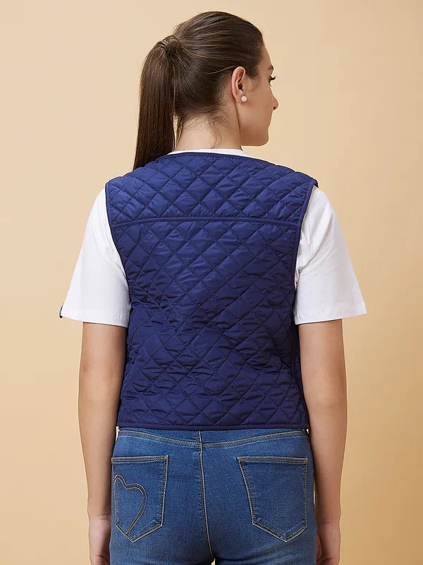 Being Human Women Waist Coat Fit V Neck Jackets Cobalt & Black