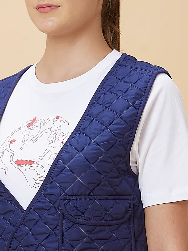 Being Human Women Waist Coat Fit V Neck Jackets Cobalt & Black