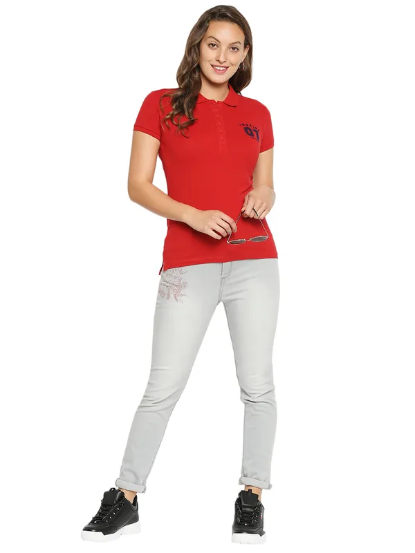 Being Human Clothing Women slim Fit Polo Neck T-Shirts-Bright Red