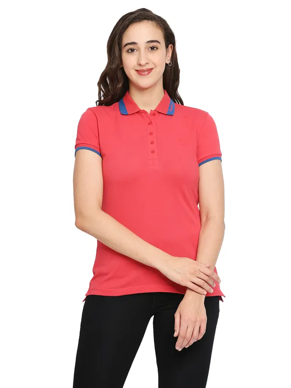 Being Human Semi Fit Women Polo Neck T-Shirts-Geranium