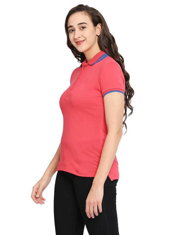 Being Human Semi Fit Women Polo Neck T-Shirts-Geranium